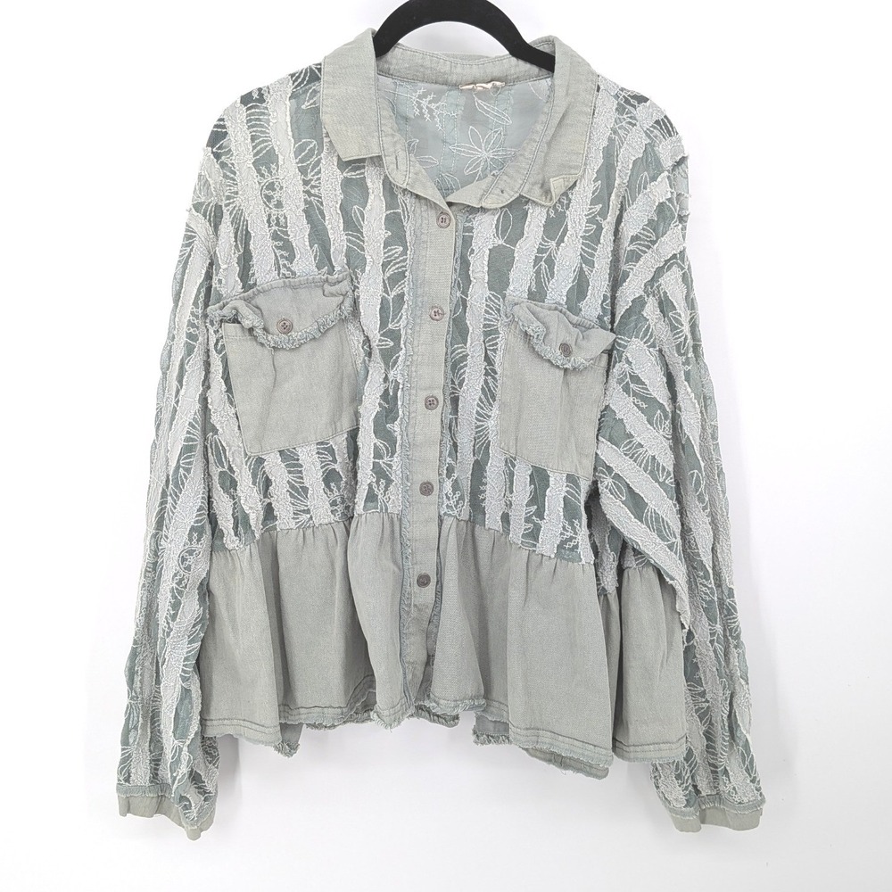 POL Lace Peplum Top Women Large Sage Green Sheer Floral Distressed Oversized